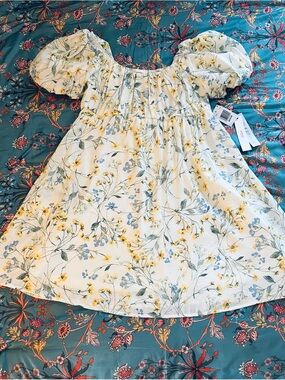 june & hudson Cream Floral Puff-Sleeve Dress with Yellow & Blue Blooms
